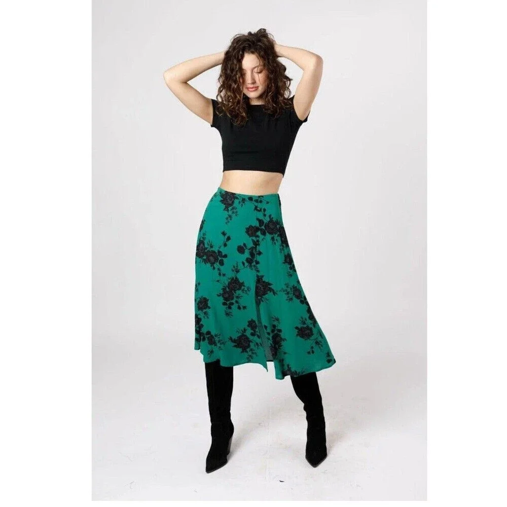 New Band of the Free Skirt Medium Midi Emarald Black Slit - Picture 2 of 7